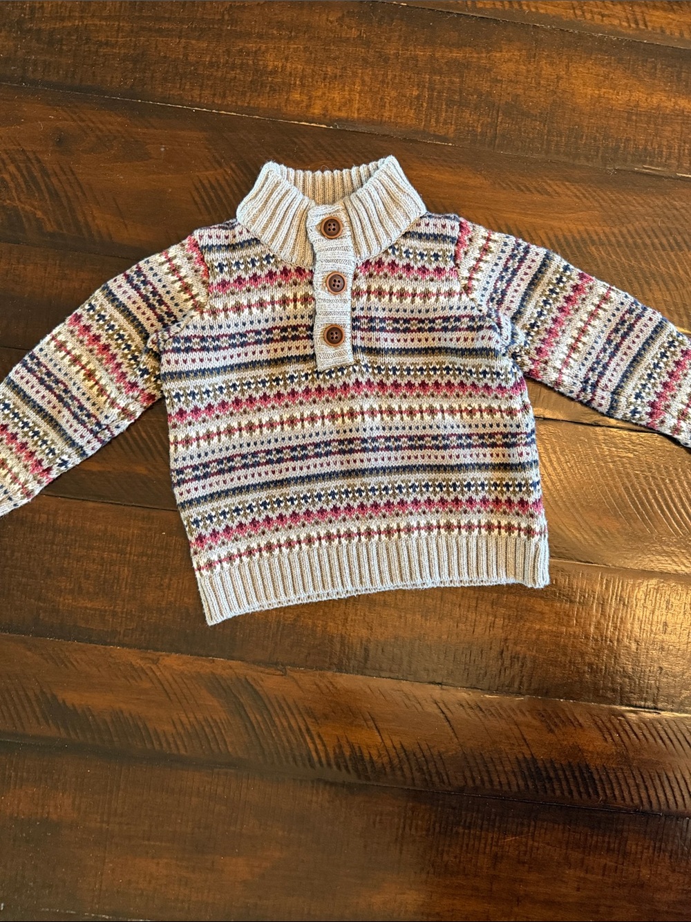 2 Kids Fair Isle Button Knit Sweater - Beige & Cream and Grey and Maroon - Picture 4 of 7